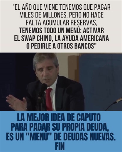 18K views · 364 reactions |   Deuda y más deuda, más intereses para pagar la deuda, que tomó Toto Caputo, el "Messi de las finanzas", desde 2018 y que ahora sigue tomando. Para el tipo, todo se arregla con deuda, menos los sueldos de jubilados, la salud pública, la educación, la obra publica los trenes. ¿La ves? | Resistencia Noticias | Facebook
