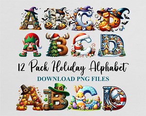Halloween Christmas Thanks Giving Day Alphabet Letters Holiday Festive Watercolor Cliparts Sublimation PNG Design Download Digital File - Etsy