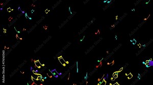 Animated exploding colorful cartoon like 3d music notes against black background. Mask included.