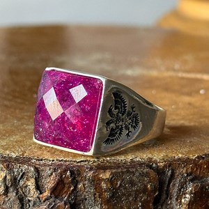 Men Handmade Ruby Stone Silver Ring, Square Eagle Mens Signet Ring, Red Gemstone Men Ring, Classic Signet Ring, 925 Sterling Silver Ring - Etsy