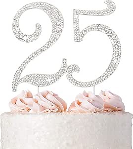 25 Cake Topper - Premium Silver Metal - 25th Birthday or Anniversary Party Sparkly Rhinestone Decoration Makes a Great Centerpiece - Now Protected in a Box