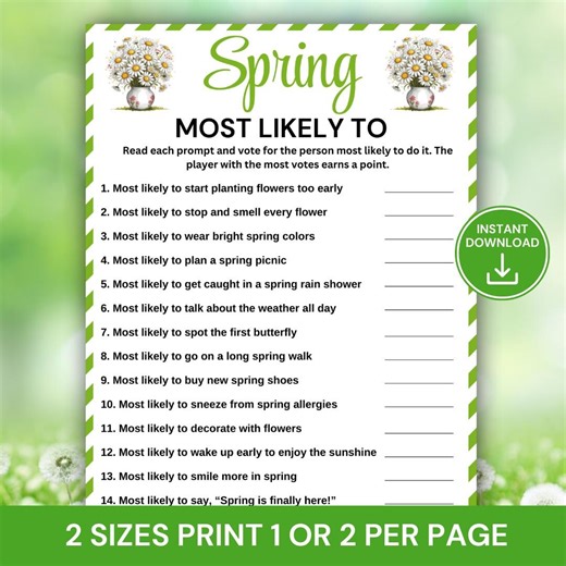 Spring Most Likely to Game, Printable Spring Party Game, Spring Activity for Kids Teens Adults, Spring Classroom Game,spring Icebreaker Game - Etsy