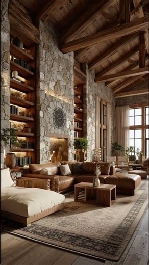 Rustic Sophisticated Living Room | Stone, Wood & Leather Design #RusticLuxury #CozySophisticated