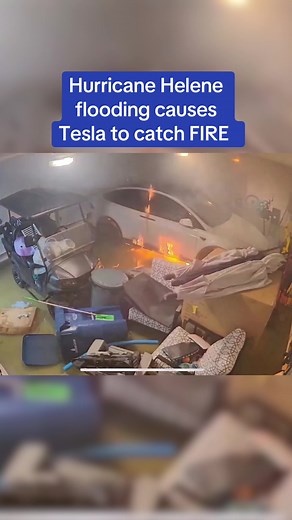 Shocking footage shows the moment a Tesla caught fire inside a Florida garage after Hurricane Helene caused major flooding. Florida officials have warned that electric vehicles that become flooded with saltwater can catch fire. 🎥 Facebook / Pinellas County Government #news #hurricane #hurricanehelene #florida #tesla #elonmusk #fire #flooding #saltwater