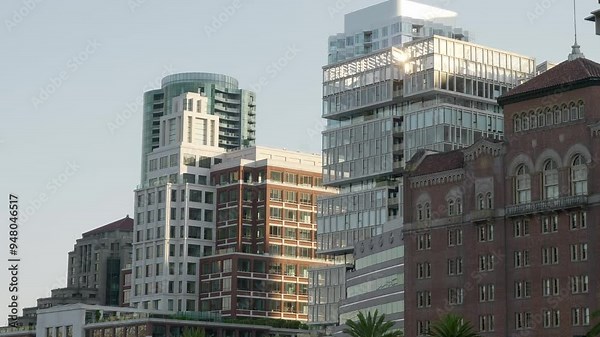 The Embarcadero’s buildings rise along San Francisco’s waterfront, a mix of historic and modern architecture.