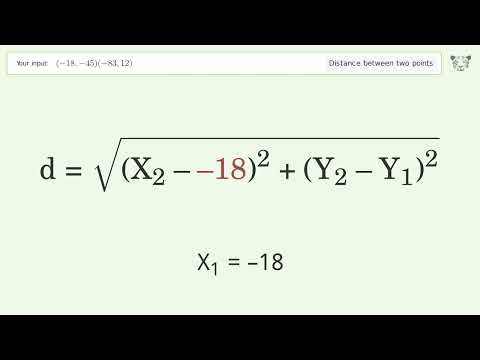 Find the distance between two points p1 (-18,-45) and p2 (-83,12): Step-by-Step Video Solution