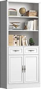 72'' Tall Bookcase with Doors and Drawers, Adjustable Shelves, P2 MDF Construction, 32'' Wide Freestanding Cabinet with Metal Handles, Hidden Storage for Living Room, Bedroom, White