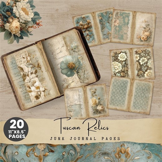 Vintage Journal Pages: Tuscan Relics Floral Collage (printable Blue Gold) TR001 - Etsy