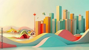 A colorful, abstract cityscape with flowing shapes and structures in a serene environment.