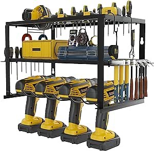 Power Tool Organizer Rack 3 Layer Wall Mount,Metal Garage Tool Storage Rack Cordless Drill Holder with Hook,Heavy Duty Floating Shelves Power Drill Organizer Rack for Garage Organization,Tool Box