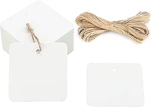 G2PLUS White Paper Gift Tags with String, 100PCS Square Hang Tags, 2.2 in Blank Present Label Tag for Gift Wrapping, Pricing, DIY Arts and Crafts, Christmas, Wedding Party Favors