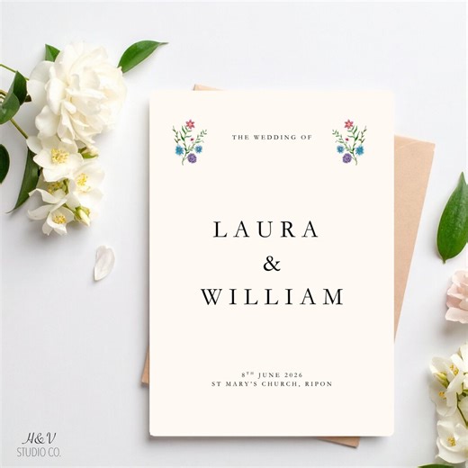 Floral Wedding Program Template, Hand Drawn, Editable Canva Order of Service, Minimalist Ceremony Booklet, 4 Page Folded, Digital Download