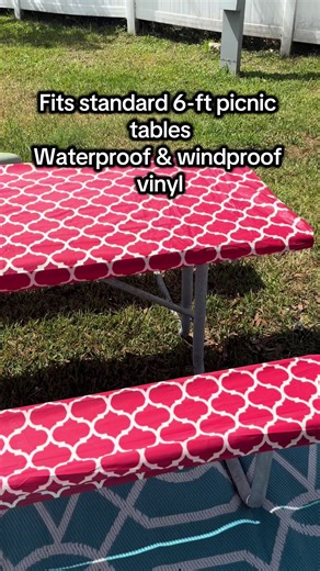 the cleanest. This fitted picnic table cover instantly gives you a clean place to eat, cook, or hang out. It’s designed to fit standard 72” x 30” (6-ft) picnic tables and includes two matching bench covers so the whole setup looks clean and organized. The elastic edges keep it snug on the table, so it won’t blow away in the wind like regular tablecloths. Plus the waterproof vinyl surface wipes clean in seconds and protects the table from spills, stains, and splinters. It also folds up into the i