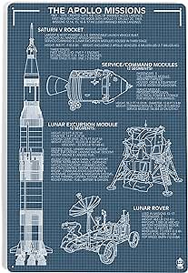 Lantern Press 12x18 Inch Metal Sign, Apollo Missions, Blueprint