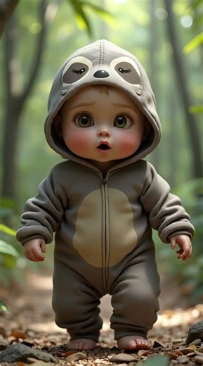 Wearing a soft gray-brown sloth onesie with sleepy eyes design on the hood