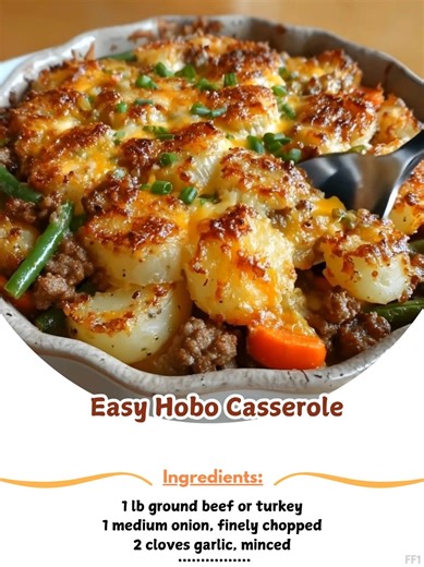 Easy 🦇 Hobo Casserole Ingredients: - 1 lb ground beef or turkey - 1 medium onion, finely chopped - 2 cloves garlic, minced - 3 medium potatoes, thinly sliced - 2 cups carrots, thinly sliced - 1 can (15 oz) green beans, drained - 1 can (10.5 oz) cream of mushroom soup - ½ cup milk - 1 teaspoon Italian seasoning ..... Full Recipe in Coʍmеոτ 💬 🐖 | Heavenly Recipes For You