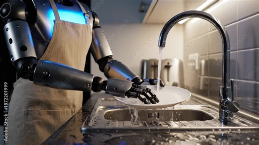 Robot washes dishes at kitchen sink with water running from faucet. Humanoid assistant cleans plate in kitchen. Robot with apron washes dish. Assistant robot at sink cleaning dishes in kitchen.