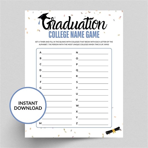 Graduation College Name Game A-Z Digital Download Worksheet Party Celebrate Activity - Etsy