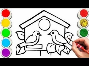 How to draw Beautiful Bird house with a Bird and Ladybug Painting & Coloring For Kids and Toddlers_