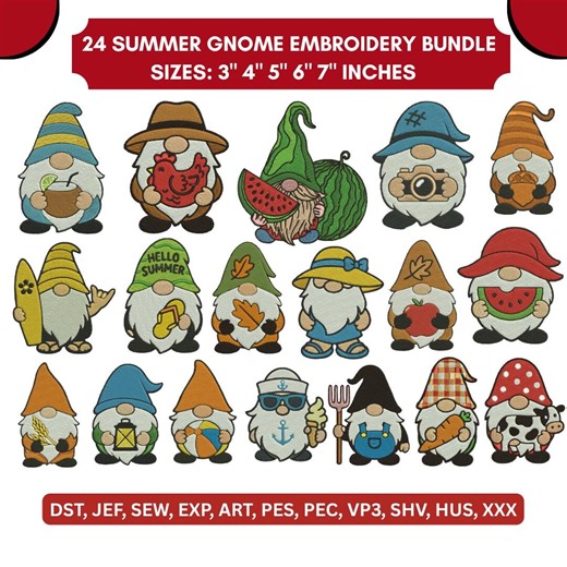 24 Summer Gnome Embroidery Designs Machine Embroidery Designs Gnomes Beach Gnome Watermelon Gnome Summer Files (5 Sizes) - Etsy