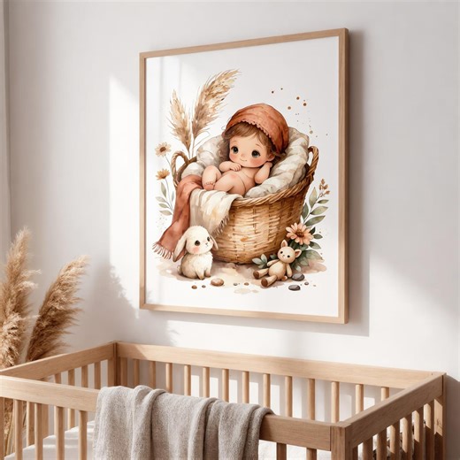 Boho Baby Nursery Wall Art | Baby Room Decor | Neutral Nursery Print | Baby Basket Illustration | Newborn Wall Art - Etsy