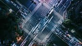 Drone Point View of Crossroad and City Traffic at Night