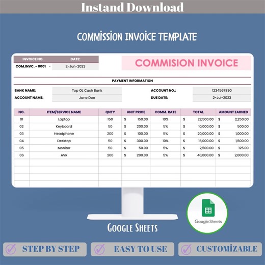 Commission Invoice Google Sheets Template for Small Business Sales Commission Billing, Agent Fees, Percentage Based Earnings Payout Tracking - Etsy