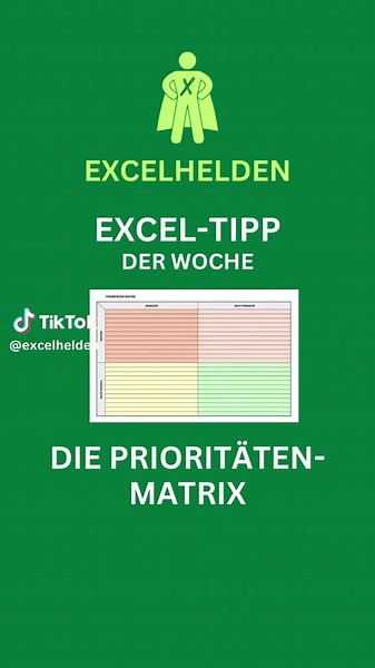 ✨ Excel-Tipp der Woche: Die Prioritäten-Matrix! Nutze eine einfache Excel-Tabelle mit den Kategorien: 📌 Wichtig & Dringend 🕓 Wichtig, aber nicht dringend 🗓️ Dringend, aber nicht wichtig 🚫 Weder noch #excelhelden #exceltipps #eisenhower #prioritätensetzen #prioritäten #eisenhowerprinzip #produktivität #effizienz #zeitmanagementtipps #zeitmanagement #büroalltag #deutsch