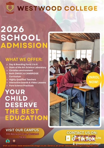 13 reactions | Your child deserves nothing less than the BEST education. Westwood College 2026 School Admissions are open! Experience our dynamic curriculum, expert teachers, and supportive environment. Enrol today! #InvestInEducation #WestwoodDifference #Admissions https://vm.tiktok.com/ZMHc18SY7x46H-otjxO/ This post is shared via TikTok Lite. Download TikTok Lite to enjoy more posts: https://www.tiktok.com/tiktoklite | Westwood College Harare Zimbabwe | Facebook
