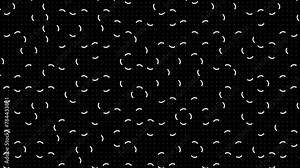 Memphis style background. Abstract animation of a retro patterns with geometrical shapes and lines. Seamless loop pop art design