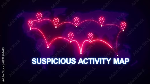 Suspicious Activity Map with Neon Location Pins and Trails at Night
