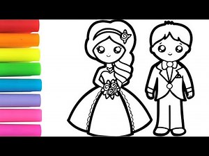 Cute bride and groom drawing and painting for kids and toddlers, how to draw wedding