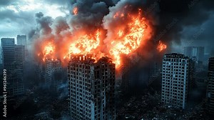 Apocalyptic scene with skyscrapers engulfed in flames and smoke, perfect for illustrating war, destruction, or dystopian themes