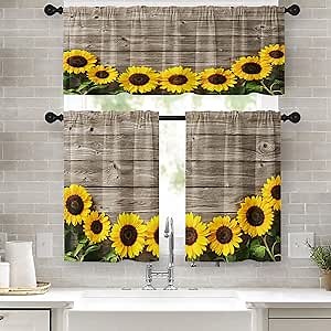 Sunflower Kitchen Window Curtains Valance and Tier Set 36 Inch, Wooden Board Yellow Flower Rod Pocket Short Tier Curtain, Summer Rustic Vintage Small Cafe Drapes for Kitchen Decor