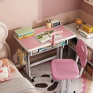 Kid's Desk and Chair Set - Adjustable Height Children's Study Desk with Drawer, Pen Slot, Sitting Posture Corrector and Hooks, Perfect for Study, Home, School for Boys, Girls(Pink)