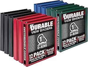 Samsill Durable 1 inch 3 Ring Binder, Made in USA, D Ring Binder, Customizable Clear View Cover, Basic Assortment, 12 Pack