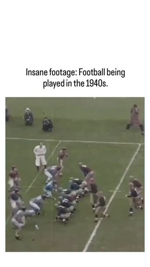 trend.scope on Instagram: "The post features rare 1940s college football footage, likely from an Ohio State versus Notre Dame game, depicting players in leather helmets without face masks and engaging in raw, pile-on tackles that highlight the sport's brutal origins. In that era, American football emphasised running plays from single-wing formations with limited passing, minimal protective gear leading to severe injuries—studies show concussion rates were over 50% higher before 1950s rule reform