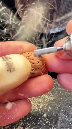 carving intricate brain patterns on a small walnut shell using a high speed rotary drill tool