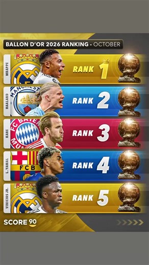 269K views · 2.3K reactions | Ballon d’Or 2026 Ranking, October - According to Score 90 ⭐️ Note: Given the early stage of the season, the rankings consider not only current performances but also the players’ overall quality and potential to demonstrate Ballon d’Or-level impact over the course of the season. | Score 90 | Facebook