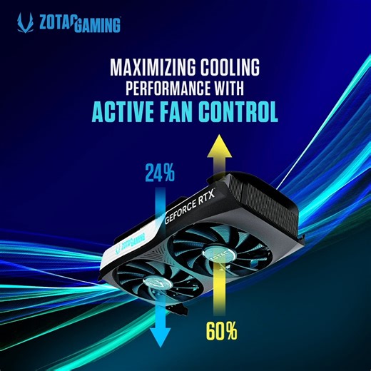 The Active Fan Control feature on the 4060 Ti series allows the user to adjust a fan to spin up faster then the other to optimize airflow for improved efficiency. #RTX #RTX4060Ti #PcBuild #GamingPC #PcSetup #Tech #PcHardware #PcComponents #PcGaming | ZOTAC