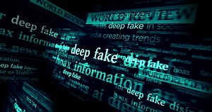 Deep fake hoax false and ai manipulation headline news across international media. Abstract concept of news titles on noise displays loop. TV glitch effect seamless and looped.