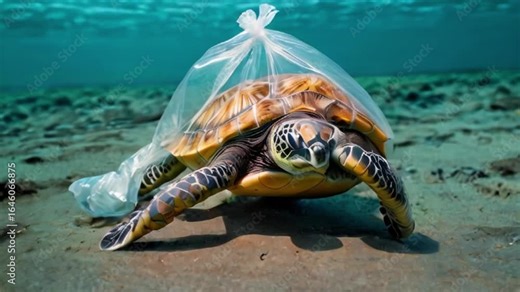 Sea Turtles can eat plastic bags mistaking them for jellyfish Sea turtle trapped in a plastic bag, Stop ocean plastic pollution concept created with generative ai