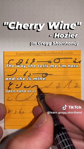 How to write lyrics to the song: “Cherry Wine” by Hozier in Gregg Shorthand. Gregg shorthand is a system of phonography, or a phonemic writing system, which means it records the sounds of the speaker, not the English spelling. For example, it uses the f stroke for the /f/ sound in funnel, telephone, and laugh, and omits all silent letters @Post-It #journal #journaling #handwriting #cursive #stationary