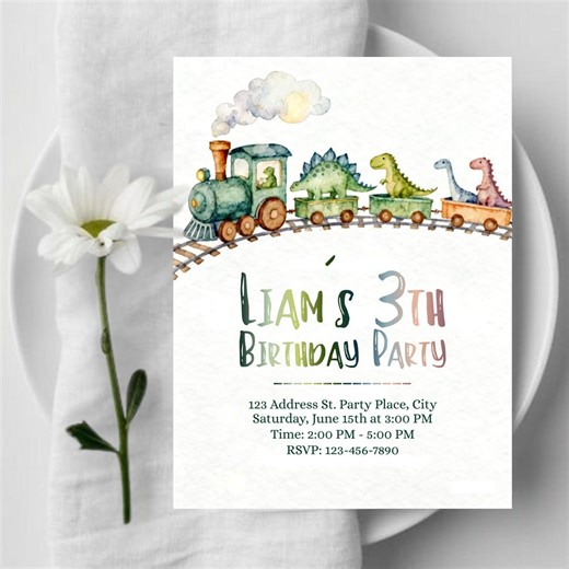 Dinosaur Train Birthday Invitation | Watercolor Dino Railroad Party | Editable Kids Train Template | Printable Canva Party Invite - Etsy
