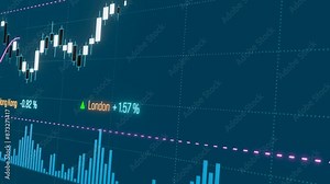 Candle stick stock market chart with global stock index information from Hong Kong, New York, London, Frankfurt and other cities. Bar graph, business and investment concept.