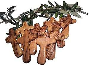 Holy Land Market 10 Olive Wood Comfort Crosses with Velvet Bags & Lord's Prayer Card - Palm Sized Hand Held Cross (4 in) - 10 Packs