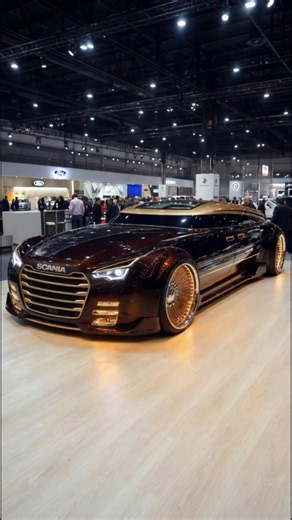 Quando a força bruta de um gigante das autoestradas é esticada numa station wagon devoradora de asfalto. 🚀 Esta Scania Station Wagon Concept 2029 domina o salão de exposições com a sua grelha frontal massiva e uma pintura impecável em bordeaux escuro encimada a dourado. O widebody alargado e as colossais jantes douradas cravam este monstro no chão, entregando uma presença intimidadora. A engenharia de ponta por trás desta máquina exala pura alta performance e dita um novo padrão de excelência n