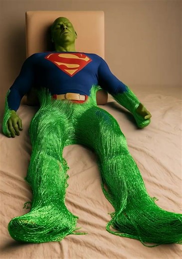 Already affected Superman gets cocooned by a thick layer of green kryptonite webbing. | GEAR Fetish