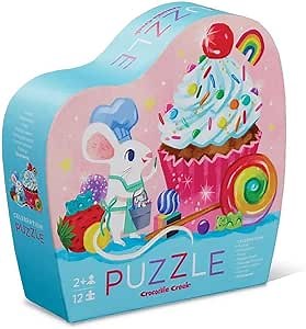 Crocodile Creek 12-Piece Mini Jigsaw Puzzle - Fun Floor Puzzles for Kids Ages 2-4 and Up - Heavy-Duty Shaped Box for Storage - Celebration with Birthday Cupcake and Mouse - 12" x 9" Finished