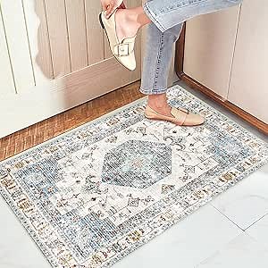 Washable Boho Entryway Rug 2' ×3' Blue White Beige Small Rug Colorful Vintage Door Mat Indoor Entrance Non-Slip Soft Oriental Carpet Kitchen Entryway Bedroom Corridors Indoor